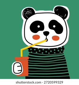 Cute panda character holding drink with straw on green background illustration. Children lifestyle concept

