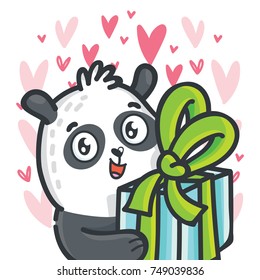 Cute Panda character holding gift, present box with bow on romantic pink background with hearts. Vector illustrations art in cartoon, doodle hand drawn style. Greeting card, poster, banner, invitation