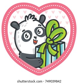 Cute Panda character holding gift, present box with bow on romantic pink background in heart shape. Vector illustrations art in cartoon, doodle hand drawn style. As greeting card, poster, banner