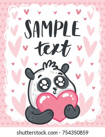 Cute Panda character holding heart with googly eyes on romantic pink back. Vector hand drawn cartoon, doodle style illustration with white space for your text. Can be as greeting card, poster, banner
