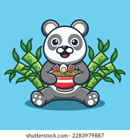 Cute Panda Character Holding Ramen Noodles With Bamboo In The Background. Vector Illustration of Cartoon Animal.