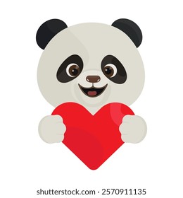 Cute panda character holding a red heart symbol in a cheerful expression and colorful setting