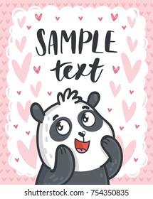 Cute Panda character looking with adoration on romantic pink back. Vector hand drawn cartoon, doodle style illustration with space for your text. Can be as greeting card, poster, banner, invitation