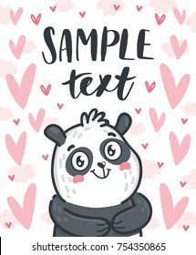 Cute Panda character looking with adoration on romantic pink back. Vector hand drawn cartoon, doodle style illustration with space for your text. Can be as greeting card, poster, banner, invitation