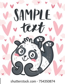 Cute Panda character looking with adoration on romantic pink back. Vector hand drawn cartoon, doodle style illustration with space for your text. Can be as greeting card, poster, banner, invitation