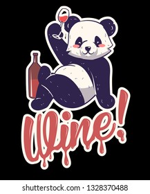 Cute Panda character looking naughty with wine on black background. Vector illustrations art in cartoon style