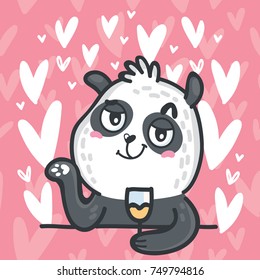 Cute Panda character looking naughty with wine, on romantic background with hearts. Vector illustrations art in cartoon, doodle hand drawn style: for card, poster, banner, wedding, invitation design