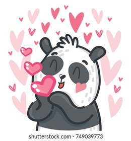 Cute Panda character in love with air kiss on romantic pink background with hearts. Vector illustrations art in cartoon, doodle hand drawn style. As greeting card, poster, banner, invitation design
