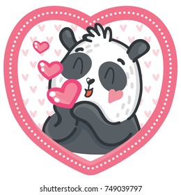 Cute Panda character in love with air kiss on romantic pink background in heart shape. Vector illustrations art in cartoon, doodle hand drawn style. As greeting card, poster, banner, invitation