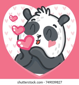 Cute Panda character in love with air kiss on romantic pink background in heart shape. Vector illustrations art in cartoon, doodle hand drawn style. As greeting card, poster, banner, invitation