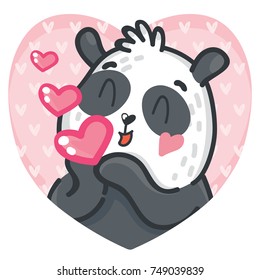 Cute Panda character in love with air kiss on romantic pink background in heart shape. Vector illustrations art in cartoon, doodle hand drawn style. As greeting card, poster, banner, invitation