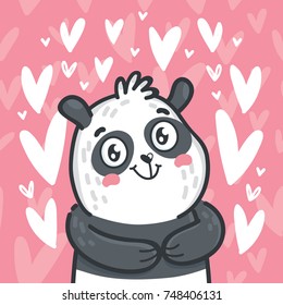 Cute Panda character in love on romantic pink background with hearts. Vector illustrations art in cartoon, doodle hand drawn style. As greeting card, poster, banner, wedding invitation, print design