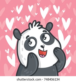 Cute Panda character in love on romantic pink background with hearts. Vector illustrations art in cartoon, doodle hand drawn style. As greeting card, poster, banner, wedding invitation, print design