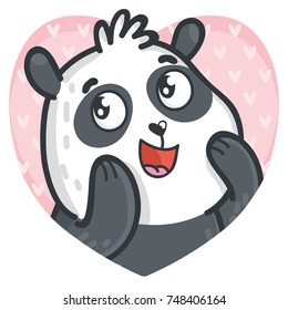 Cute Panda character in love on romantic pink background in heart shape. Vector illustrations art in cartoon, doodle hand drawn style. As greeting card, poster, banner, wedding invitation design