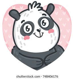 Cute Panda character in love on romantic pink background in heart shape. Vector illustrations art in cartoon, doodle hand drawn style. As greeting card, poster, banner, wedding invitation design