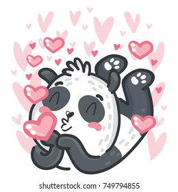 Cute Panda character in love, sending air kiss on romantic white background with hearts. Vector illustrations art in cartoon, doodle hand drawn style: for card, poster, banner, wedding, invitation
