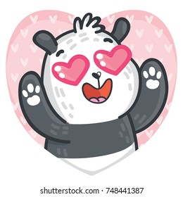 Cute Panda character madly in love on romantic pink background in shape with heart eyes. Vector illustrations art in cartoon, doodle hand drawn style: for card, poster, banner, wedding, invitation