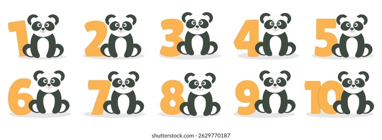 Cute panda character and number from 1 before 10 vector set. Beautiful elements for Kids Birthday Party invitation, greeting card, poster, event, prints and cake toppers design