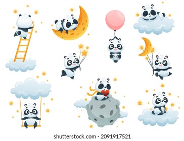 Cute Panda Character on Soft Clouds Enjoying Bright Star Vector Set