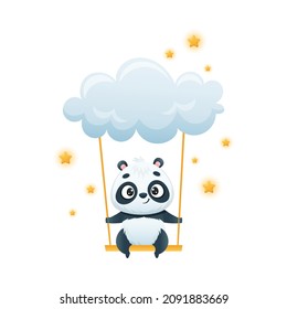 Carácter de panda lindo sobre la inclinación atada a la nube suave con estrella brillante alrededor del vector Ilustración