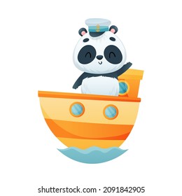 Cute Panda Character Sailing Ship and Waving Paw Vector Illustration