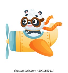 Cute Panda Character In Scarf And Goggles Flying Plane Vector Illustration