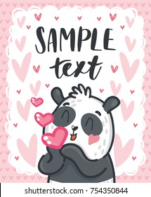 Cute Panda character sending air kiss, on romantic pink back. Vector hand drawn cartoon, doodle style illustration with white space for your text. Can be as greeting card, poster, banner, invitation