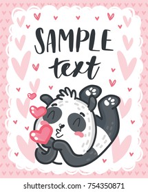 Cute Panda character sending air kiss, on romantic pink back. Vector hand drawn cartoon, doodle style illustration with white space for your text. Can be as greeting card, poster, banner, invitation