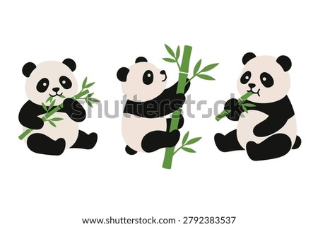 Cute Panda Character Set Eating and Climbing Bamboo Vector
