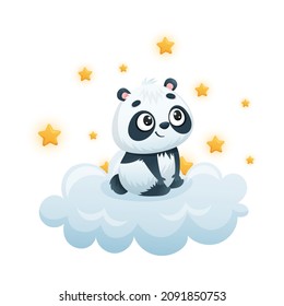 Cute Panda Character Sitting on Soft Cloud Watching Bright Star Vector Illustration