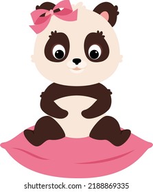 Cute panda character sitting on a pillow. Baby girl panda character. Cartoon flat clip-art. Vector isolated illustration. 