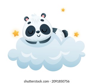 Cute Panda Character Sleeping on Soft Cloud with Bright Star Around Vector Illustration