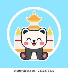Frische Panda mit Blick auf die Gebäude in Porzellan. Vektorgrafik-Design.