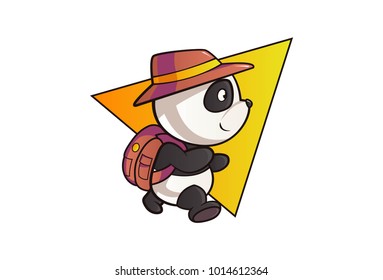 Cute Panda Character walking with a bag and a hat on head. Vector Illustration. isolated on white background.