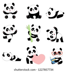 Cute panda characters. Chinese bear newborn happy pandas toy vector mascot design isolated