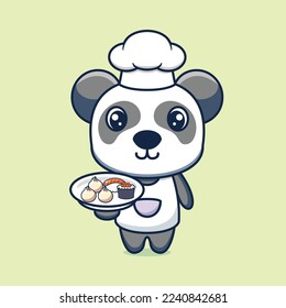 Cute panda chef cartoon character with bring japanese food