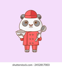 Cute panda chef cook serve food animal chibi character mascot icon flat line art style illustration concept cartoon set