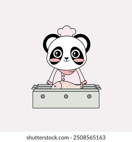 cute panda chef cooking fish character vector design