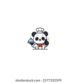 Cute panda chef holding a plate and giving a thumbs up cartoon, vector illustration