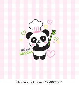 Cute Panda Chef Love Eat Green Bamboo Vector Cartoon. Perfect for Mascot Logo, Printed T-shirt, Kids Supplies, Animal Poster, Illustration Cute Quotes.