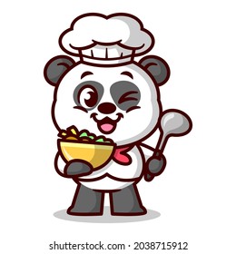 Cute panda chef is serving food and bring a soup spoon. Cartoon mascot