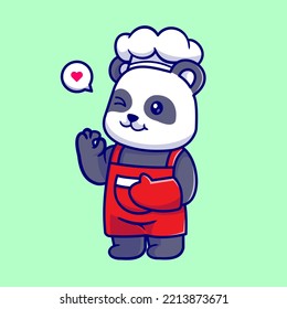 Cute Panda Chef Wearing Apron Cartoon Vector Icon Illustration. Animal Food Icon Concept Isolated Premium Vector. Flat Cartoon Style