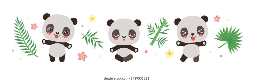 Cute panda chibi character kawaii emoticon. Chinese bear panda symbol of China. Adorable funny cartoon animal asian panda bear, bamboo and tropical leaves. Children vector illustration.