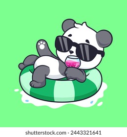 Cute Panda Chill On Swimming Tires With Juice Cartoon Vector Icon Illustration. Animal Holiday Icon Concept Isolated Premium Vector. Flat Cartoon Style