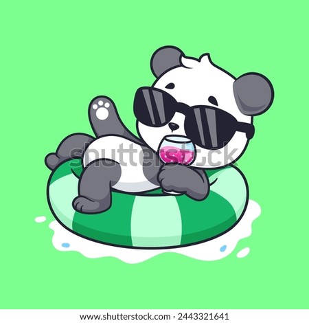 Cute Panda Chill On Swimming Tires With Juice Cartoon Vector Icon Illustration. Animal Holiday Icon Concept Isolated Premium Vector. Flat Cartoon Style