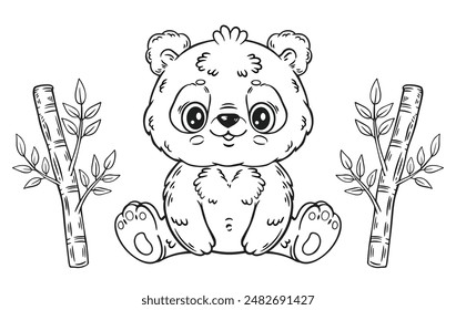 Cute panda Chinese bear sitting, children coloring book page. Funny baby wild China animal cartoon character and bamboo plant branches. Kid education game. Outline colouring painting worksheet. Vector