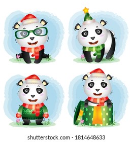colección de personajes de navidad de panda lindo con sombrero, chaqueta, bufanda y caja de regalo