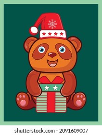 Cute Panda for Christmas day. Merry Christmas and New year card. Cute Panda in Santa hat and holding gift box. Cute Panda in Santa hat on a green background. 