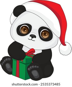 Cute panda with christmas hat and gift vector mascot