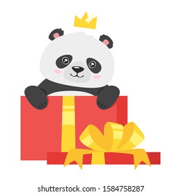 Cute panda with christmas packages. Kawaii asian bear with crown cartoon character. New year animal with present boxes in red wrappage. Chinese wildlife with gifts isolated on white background